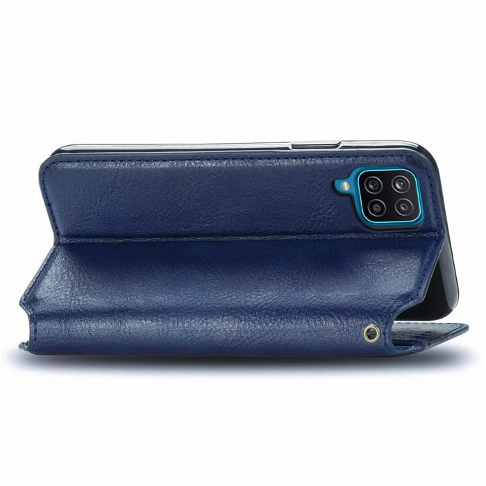 For Samsung Galaxy A12 PU Leather Case Rhombus Imprint Wallet Stand Phone Cover - Blue - 5