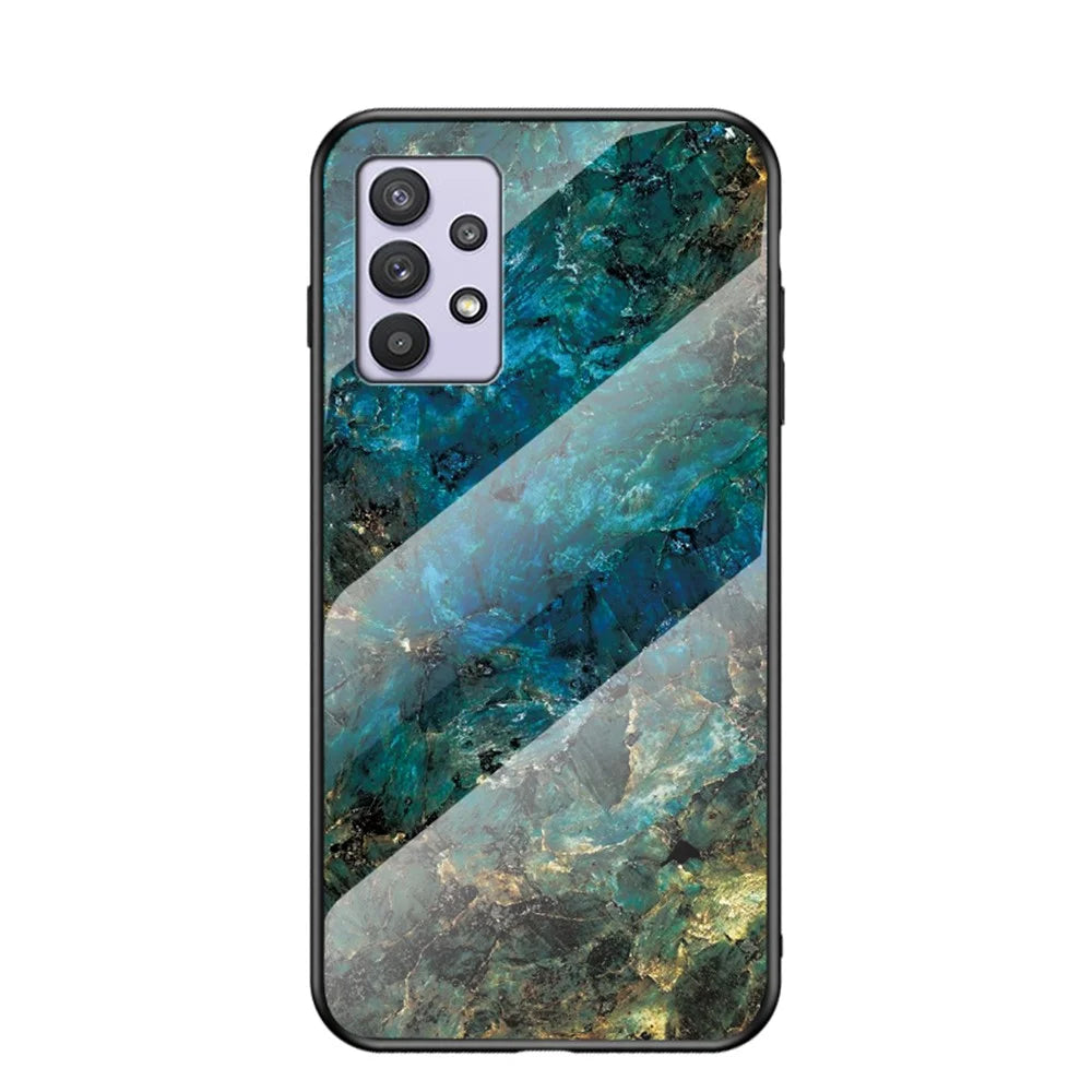 Wear and Scratch Resistant Marbling Pattern Drop-proof Tempered Glass Cell Phone Cover for Samsung Galaxy A32 5G/M32 5G - Emerald Marble - 1