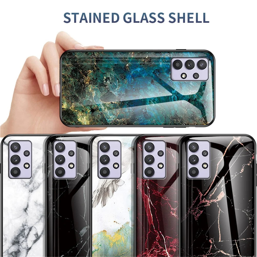 Wear and Scratch Resistant Marbling Pattern Drop-proof Tempered Glass Cell Phone Cover for Samsung Galaxy A32 5G/M32 5G - Emerald Marble - 5