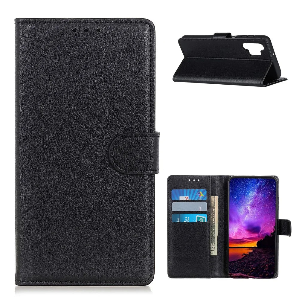 Folio Flip Design Litchi Skin Leather Phone Case Stand Protective Shell with Wallet for Samsung Galaxy A32 4G (EU Version) - Black - 1