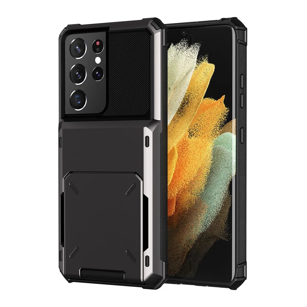 Flip Card Holder TPU+PC Hybrid Case for Samsung Galaxy S21 Ultra 5G - Black - 1