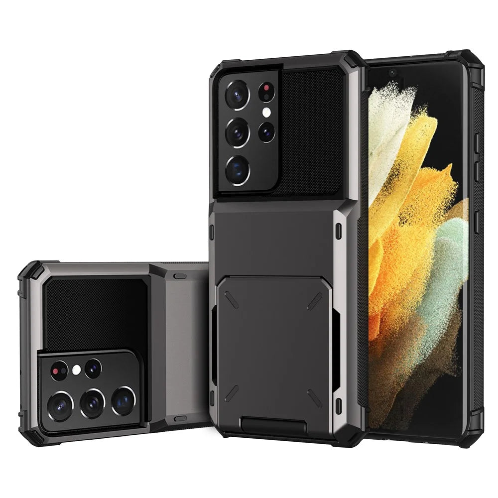 Flip Card Holder TPU+PC Hybrid Case for Samsung Galaxy S21 Ultra 5G - Black - 2