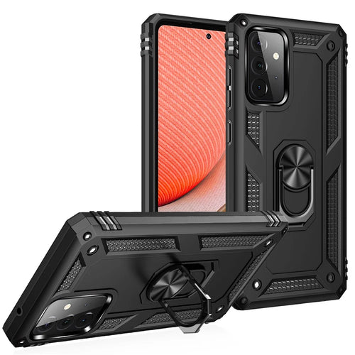 Hybrid PC + TPU Phone Case Shell Anti-Fall Finger Ring Kickstand for Samsung Galaxy A72 5G - Black - 1