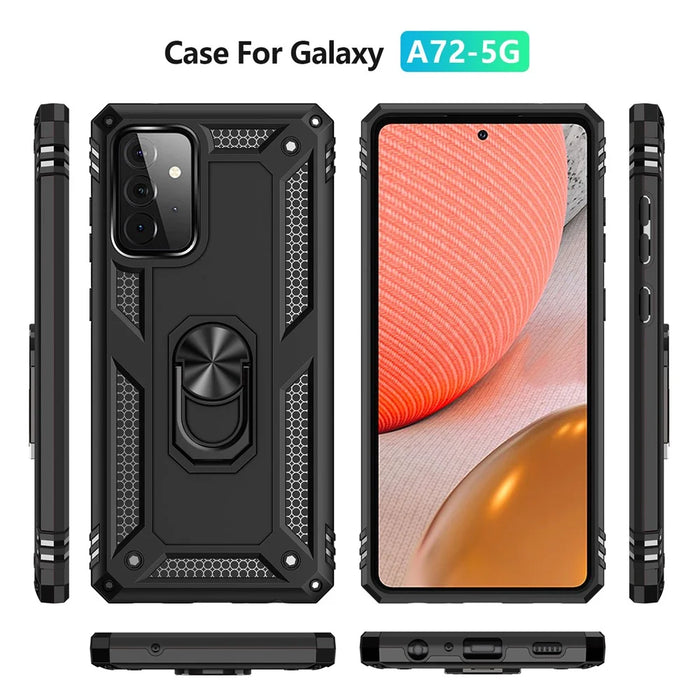 Hybrid PC + TPU Phone Case Shell Anti-Fall Finger Ring Kickstand for Samsung Galaxy A72 5G - Black - 3