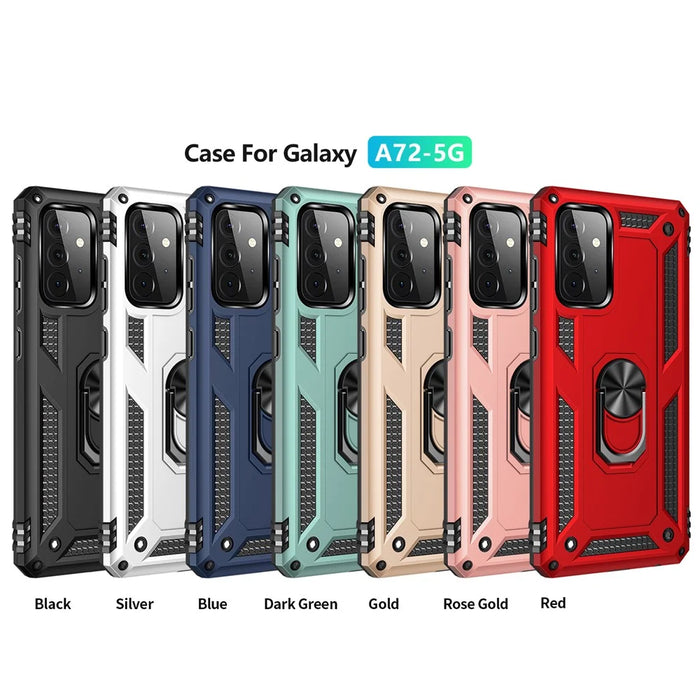 Hybrid PC + TPU Phone Case Shell Anti-Fall Finger Ring Kickstand for Samsung Galaxy A72 5G - Black - 5