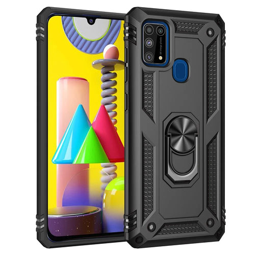 Hybrid Shockproof PC + TPU Phone Case Cover with Ring Kickstand for Samsung Galaxy M31 - Black - 1