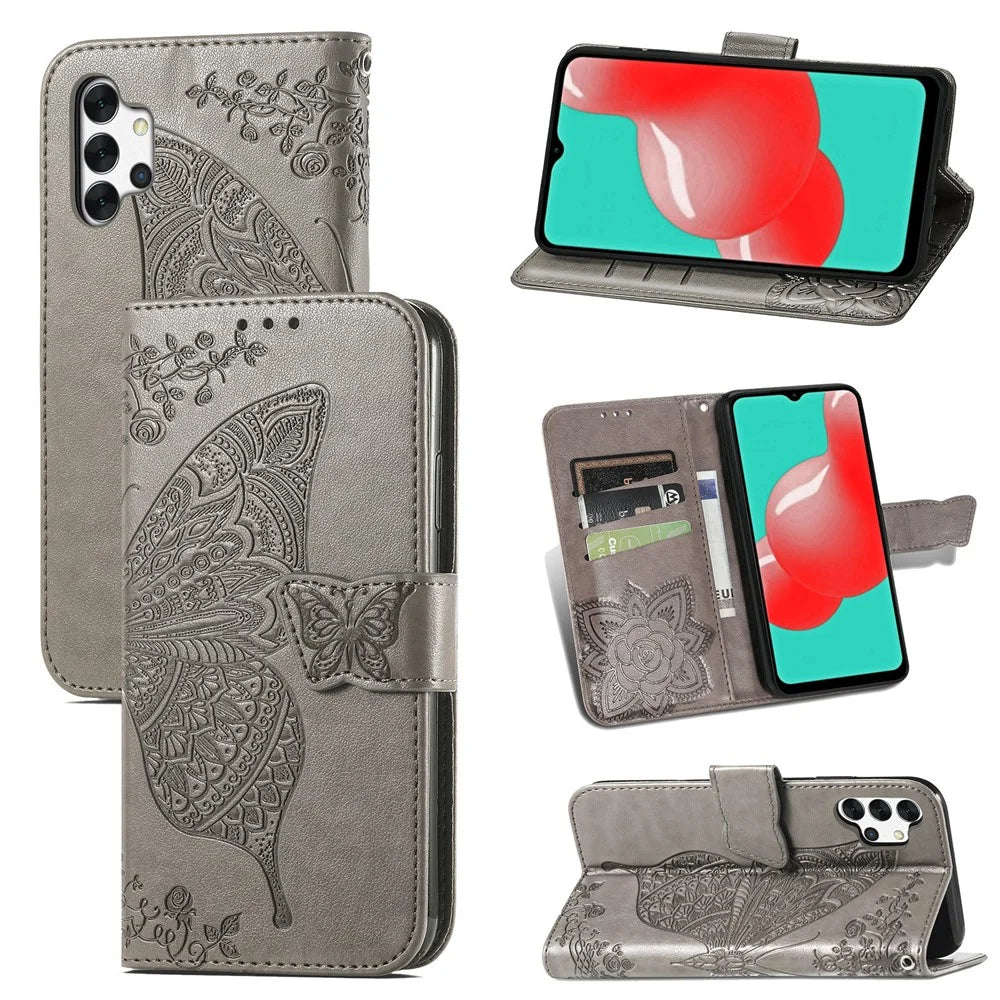 Imprint Big Butterfly Leather Wallet Phone Shell for Samsung Galaxy A32 5G - Grey - 1