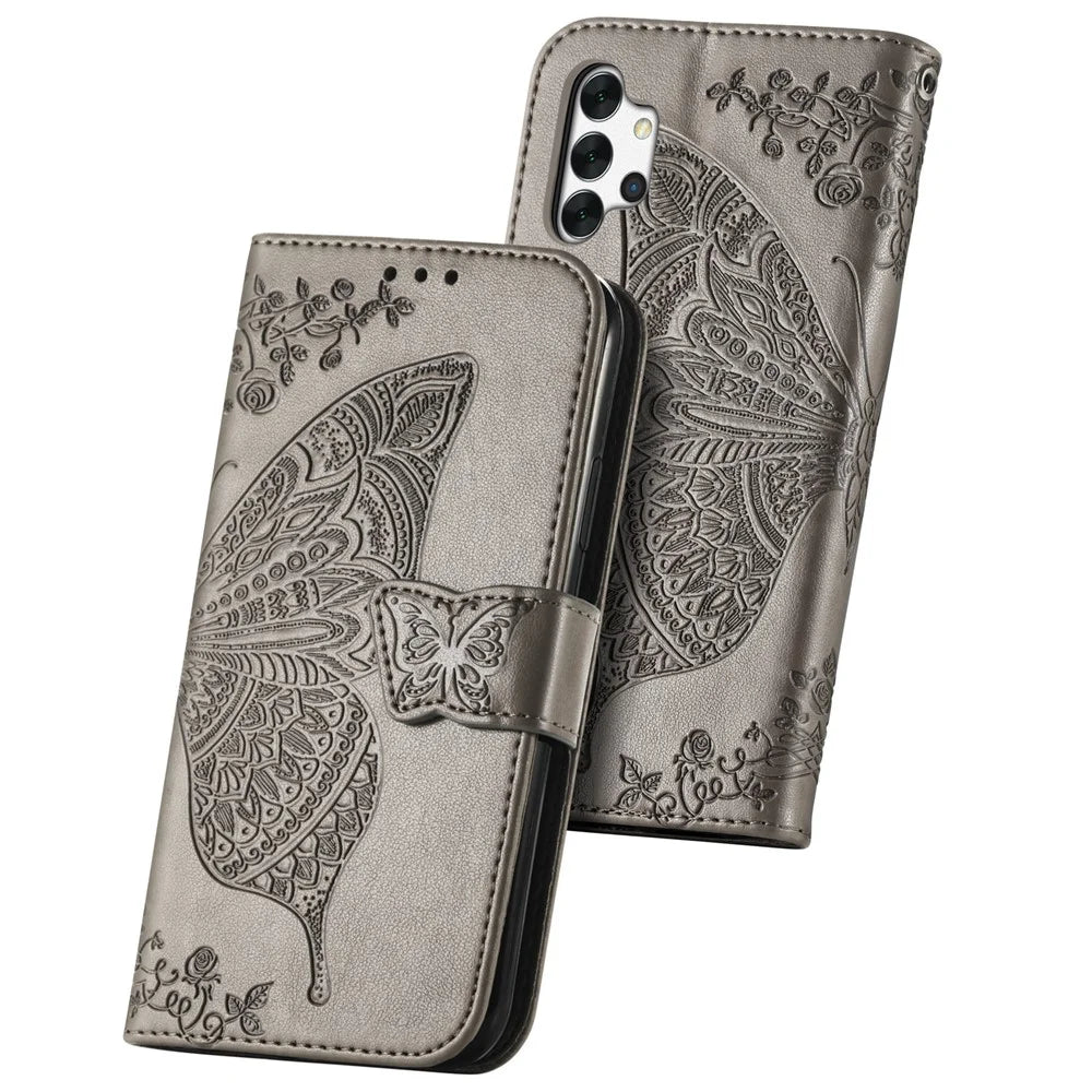 Imprint Big Butterfly Leather Wallet Phone Shell for Samsung Galaxy A32 5G - Grey - 2