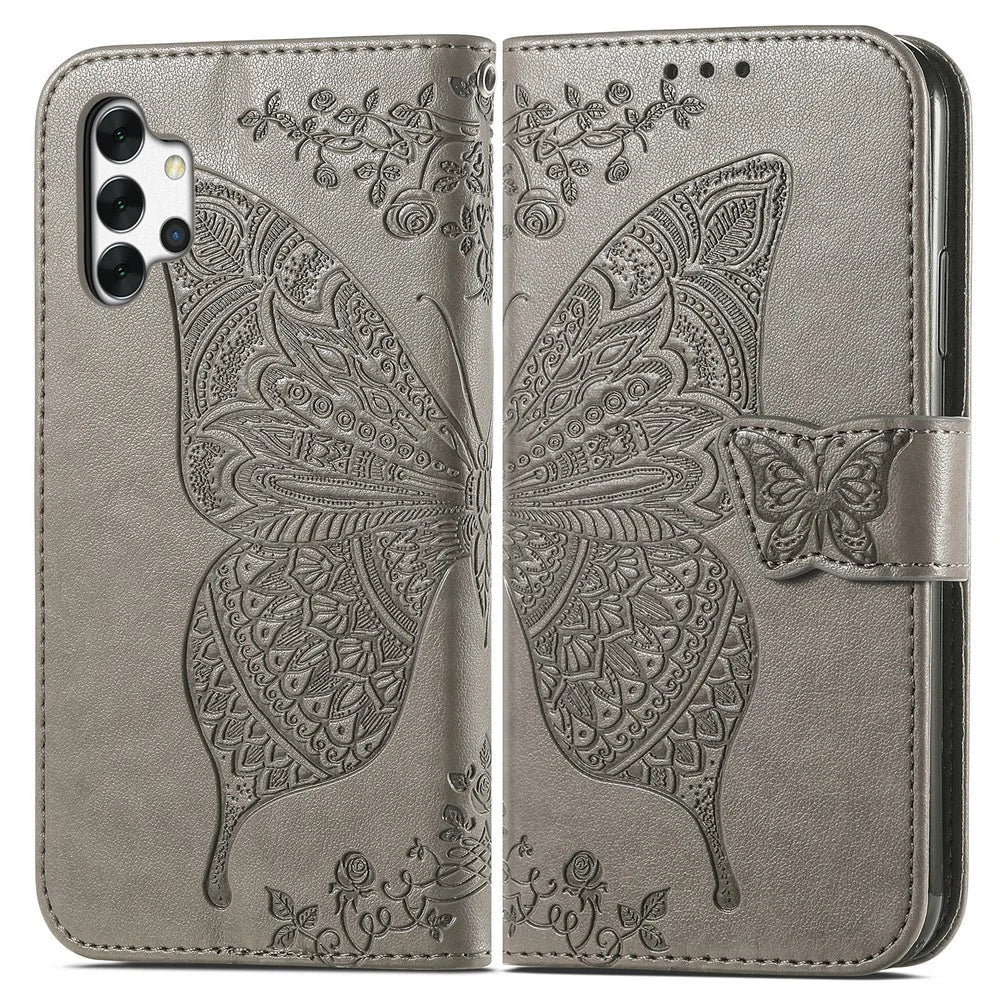 Imprint Big Butterfly Leather Wallet Phone Shell for Samsung Galaxy A32 5G - Grey - 3