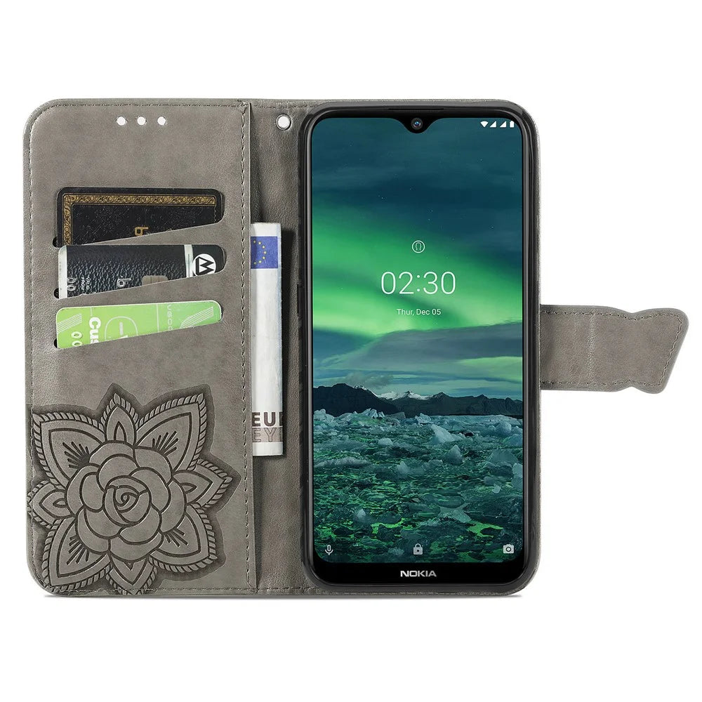 Imprint Big Butterfly Leather Wallet Phone Shell for Samsung Galaxy A32 5G - Grey - 4