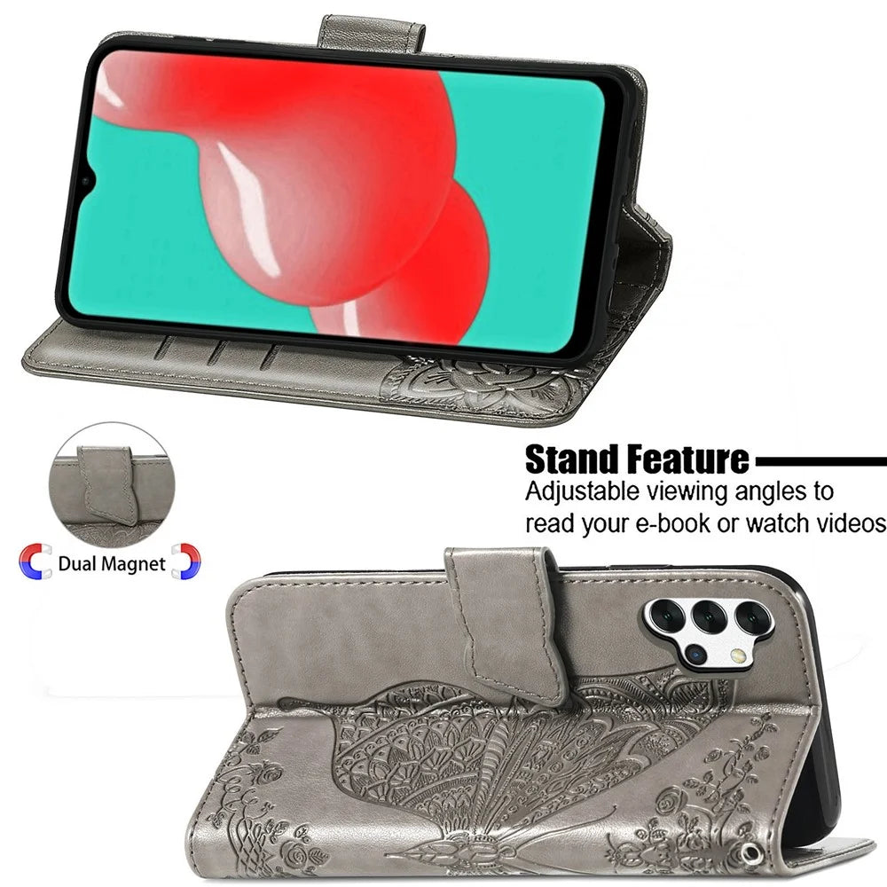 Imprint Big Butterfly Leather Wallet Phone Shell for Samsung Galaxy A32 5G - Grey - 5