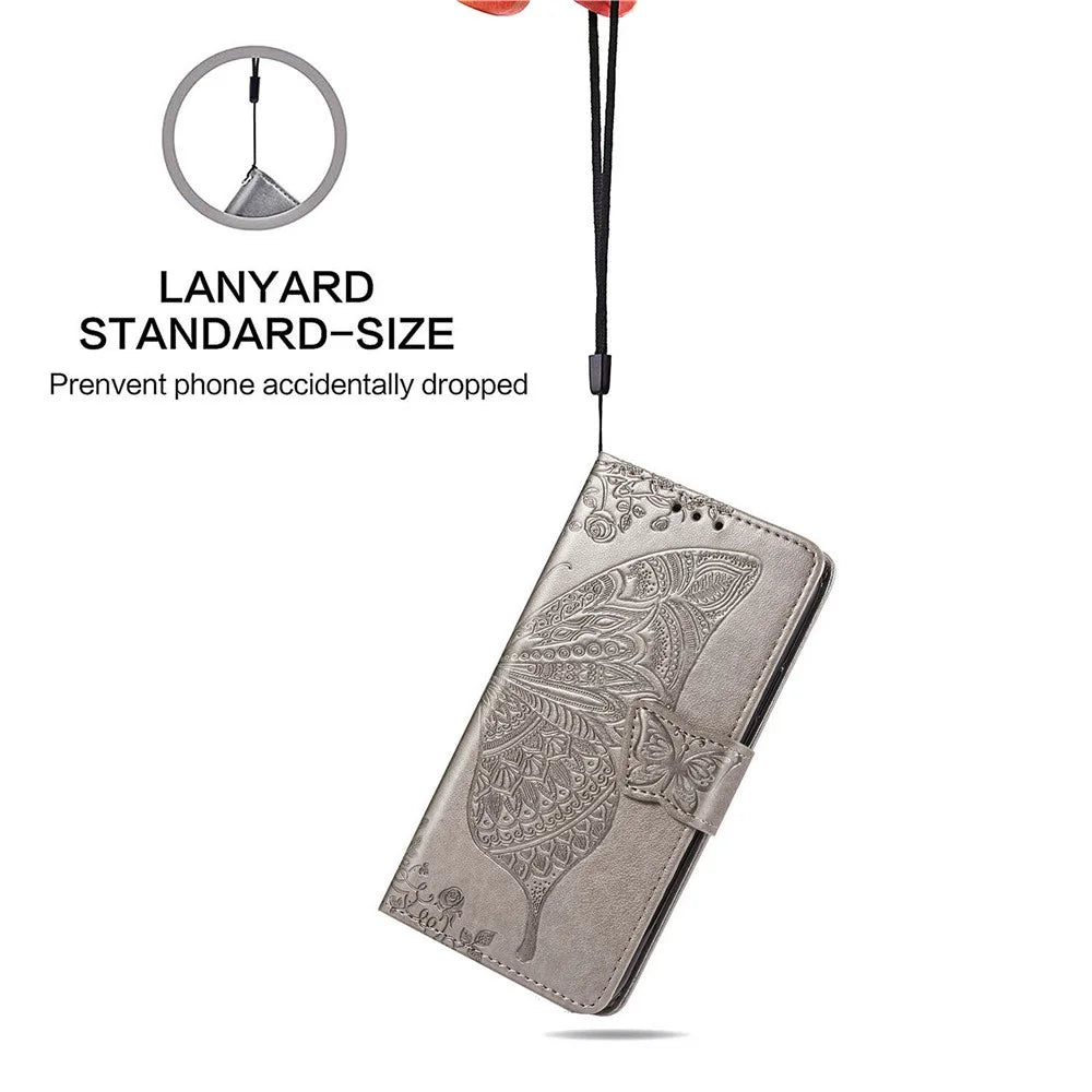 Imprint Big Butterfly Leather Wallet Phone Shell for Samsung Galaxy A32 5G - Grey - 6