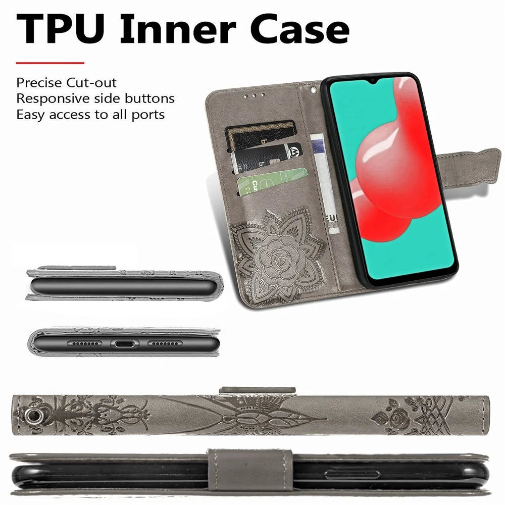 Imprint Big Butterfly Leather Wallet Phone Shell for Samsung Galaxy A32 5G - Grey - 7