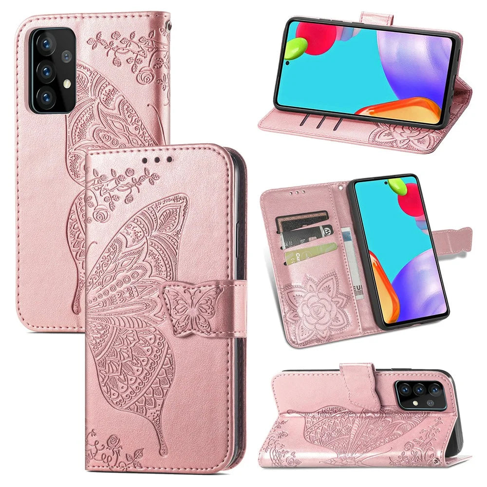 Imprint Big Butterfly Leather Wallet Phone Shell for Samsung Galaxy A52 4G/5G / A52s 5G - Rose Gold - 1