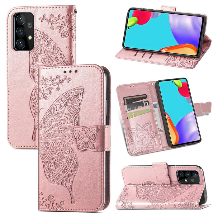 Imprint Big Butterfly Leather Wallet Phone Shell for Samsung Galaxy A52 4G/5G / A52s 5G - Rose Gold - 1