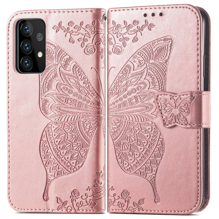 Imprint Big Butterfly Leather Wallet Phone Shell for Samsung Galaxy A52 4G/5G / A52s 5G - Rose Gold - 3