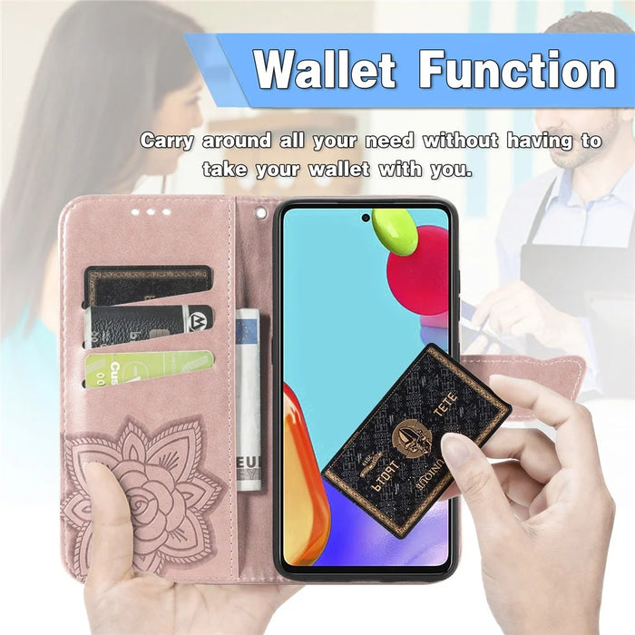 Imprint Big Butterfly Leather Wallet Phone Shell for Samsung Galaxy A52 4G/5G / A52s 5G - Rose Gold - 7