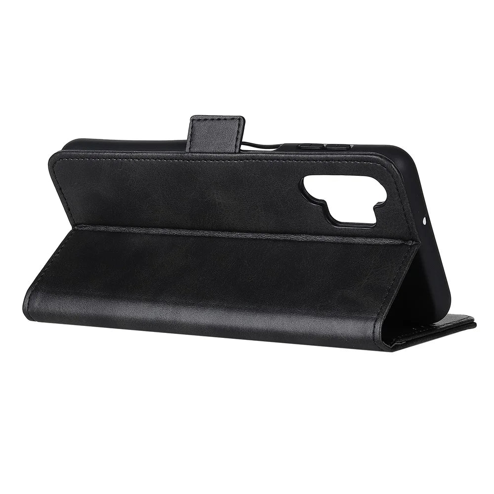 For Samsung Galaxy A32 4G (EU Version) Magnetic Clasp Design Folio Flip Wallet Leather Stand Case - Black - 4