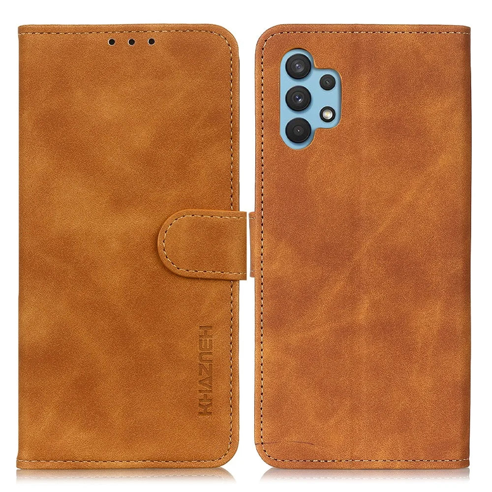 KHAZNEH Wallet Design Phone Case for Samsung Galaxy A32 4G, Retro Style PU Leather Shockproof Flip Cover with Stand - Brown - 1