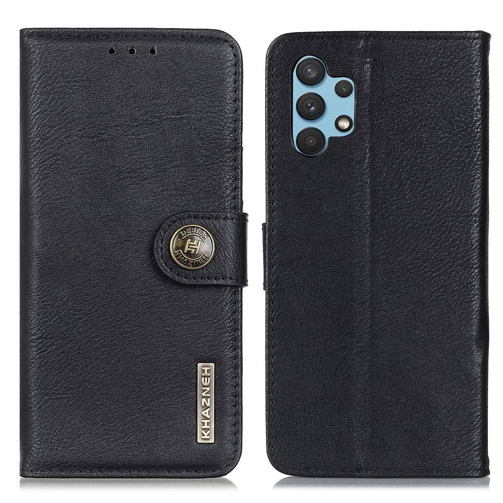 KHAZNEH Retro Style Leather Protector Case Wallet Stand Cover for Samsung Galaxy A32 4G - Black - 1