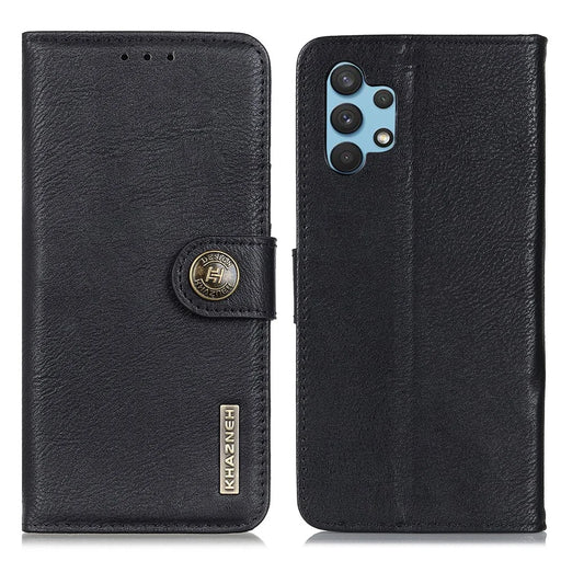 KHAZNEH Retro Style Leather Protector Case Wallet Stand Cover for Samsung Galaxy A32 4G - Black - 1