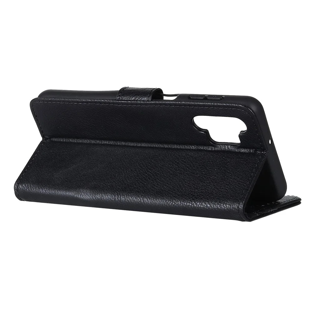 KHAZNEH Retro Style Leather Protector Case Wallet Stand Cover for Samsung Galaxy A32 4G - Black - 3