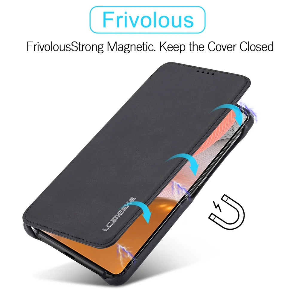 LC.IMEEKE Retro Style Protector Stand Leather Case with Card Holder for Samsung Galaxy A52 4G/5G / A52s 5G - Black - 3