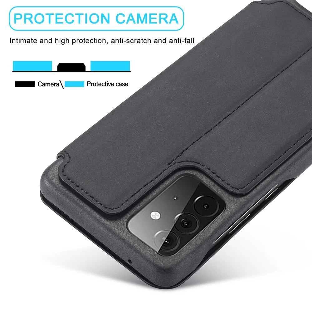 LC.IMEEKE Retro Style Protector Stand Leather Case with Card Holder for Samsung Galaxy A52 4G/5G / A52s 5G - Black - 4