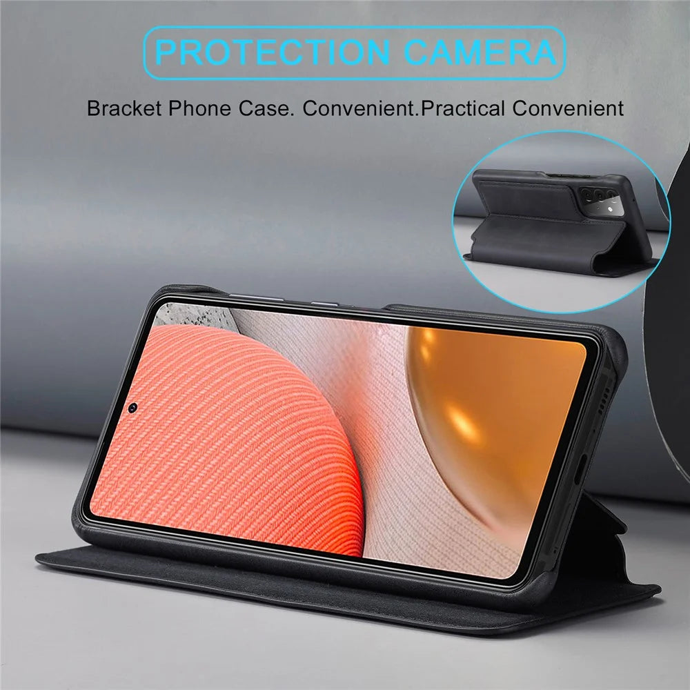 LC.IMEEKE Retro Style Protector Stand Leather Case with Card Holder for Samsung Galaxy A52 4G/5G / A52s 5G - Black - 5