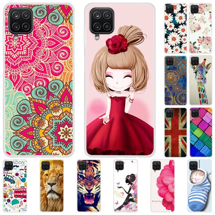 Soft TPU Phone Cover Case with Pattern Printing for Samsung Galaxy A12 - Gold Flower - 2