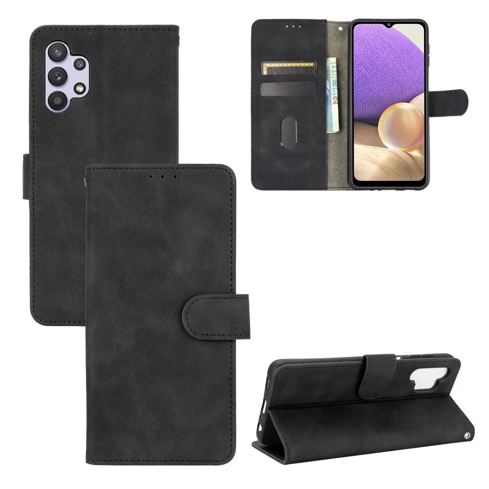 Skin-touch Protective Leather Flip Shell for Samsung Galaxy A32 5G/M32 5G Wallet Stand Cover - Black - 1