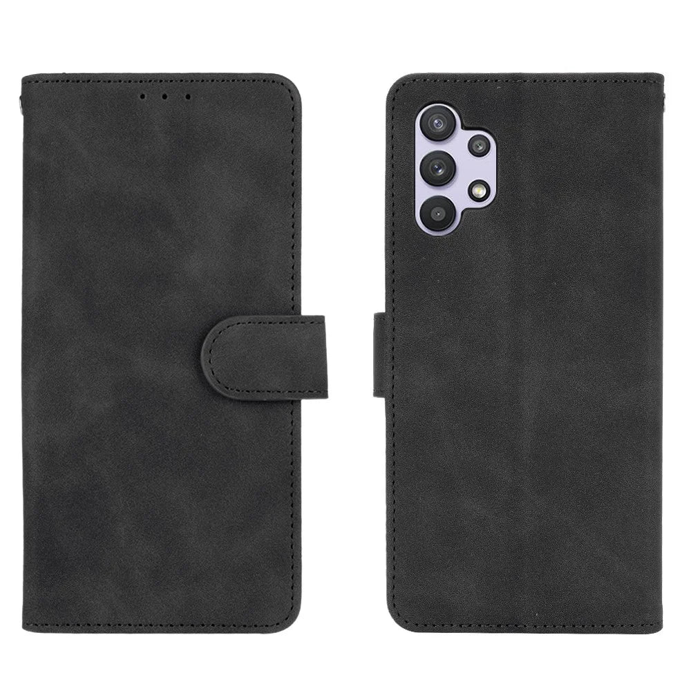 Skin-touch Protective Leather Flip Shell for Samsung Galaxy A32 5G/M32 5G Wallet Stand Cover - Black - 2