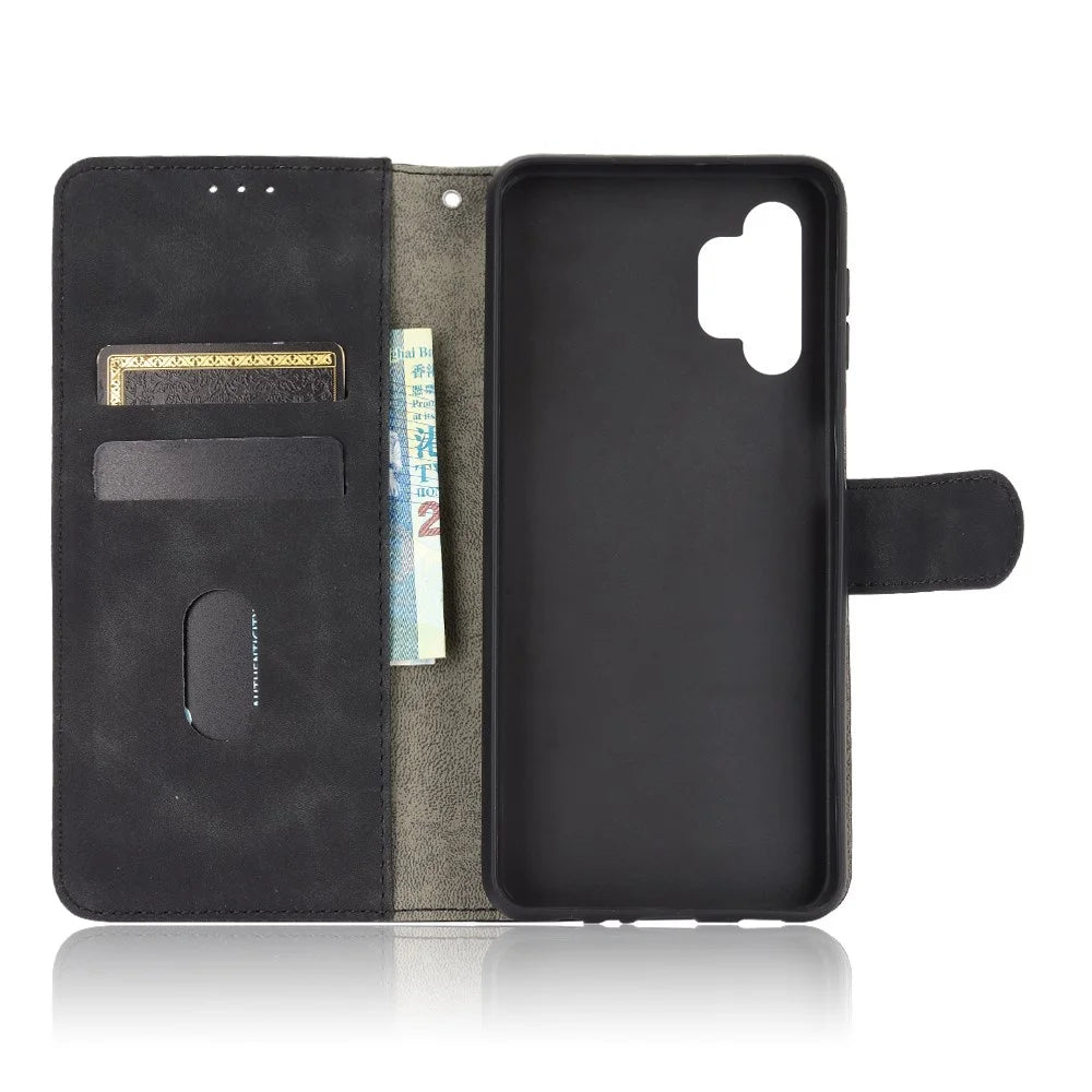 Skin-touch Protective Leather Flip Shell for Samsung Galaxy A32 5G/M32 5G Wallet Stand Cover - Black - 5