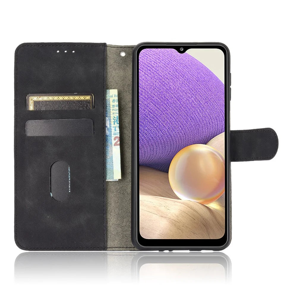 Skin-touch Protective Leather Flip Shell for Samsung Galaxy A32 5G/M32 5G Wallet Stand Cover - Black - 6