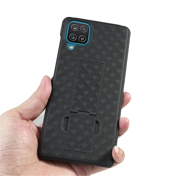 Swivel Belt Clip Holster Woven Texture PC + TPU Hybrid Case for Samsung Galaxy A12 - 5