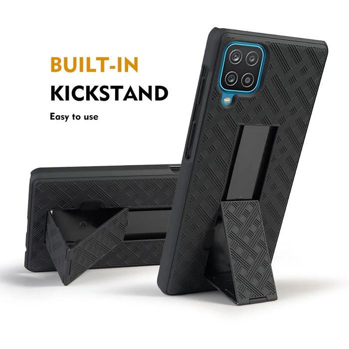Swivel Belt Clip Holster Woven Texture PC + TPU Hybrid Case for Samsung Galaxy A12 - 6