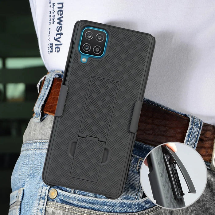 Swivel Belt Clip Holster Woven Texture PC + TPU Hybrid Case for Samsung Galaxy A12 - 7