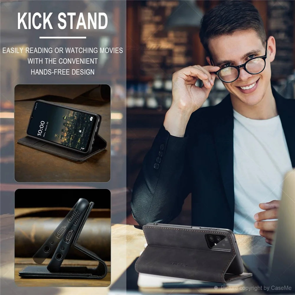 CASEME 013 Series Simple Design Automatic Suction Leather Wallet Case for Samsung Galaxy A32 5G/M32 5G - Black - 6