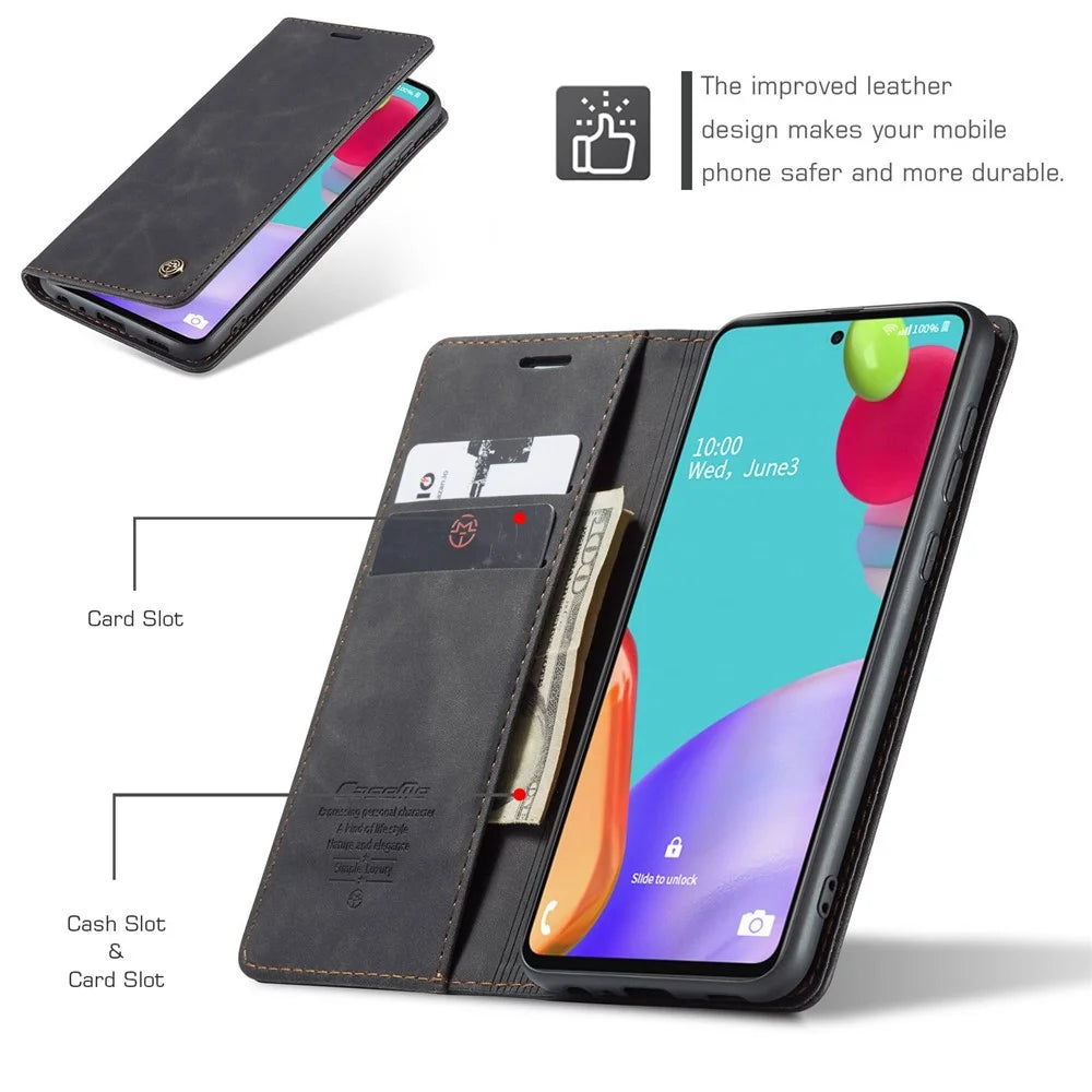 CASEME 013 Series Leather Cover for Samsung Galaxy A52 5G / A52 4G / A52s 5G Magnetic Auto-Absorbed Wallet Stand Case - Black - 5