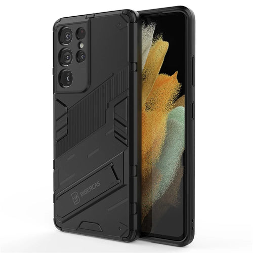 PC + TPU Hybrid Phone Case Protective Back Cover with Kickstand for Samsung Galaxy S21 Ultra 5G - Black - 1