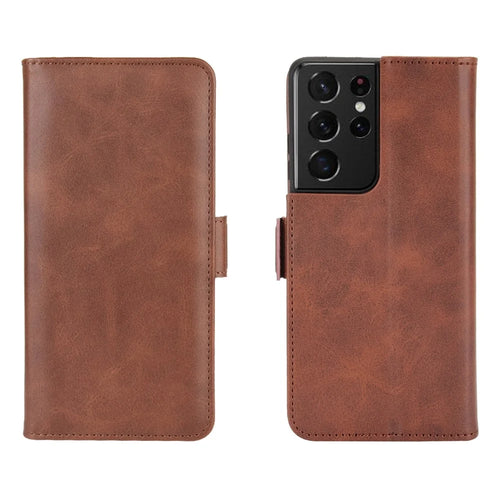 Dual Magnetic Clasp Leather Folio Flip Phone Cover Leather Case for Samsung Galaxy S21 Ultra 5G - Brown - 1