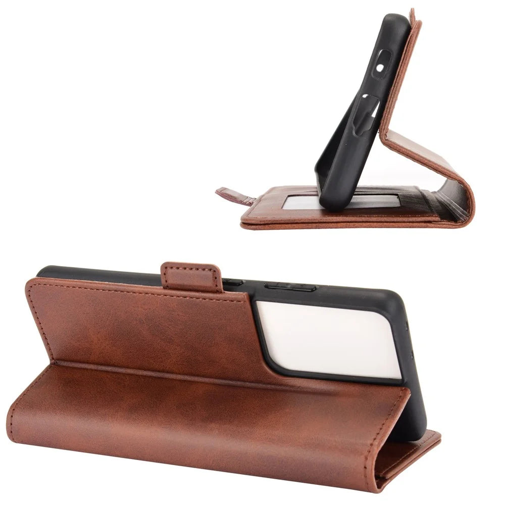 Dual Magnetic Clasp Leather Folio Flip Phone Cover Leather Case for Samsung Galaxy S21 Ultra 5G - Brown - 2