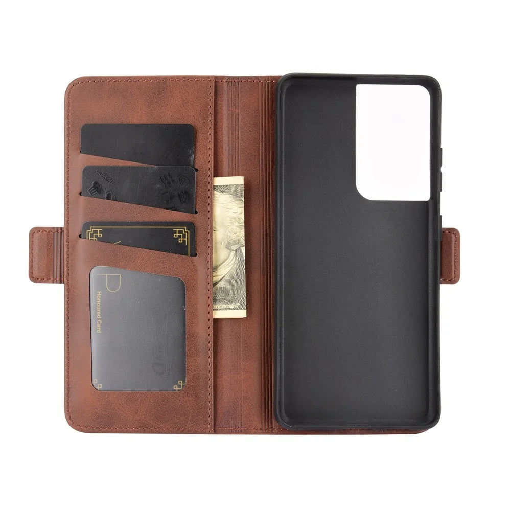 Dual Magnetic Clasp Leather Folio Flip Phone Cover Leather Case for Samsung Galaxy S21 Ultra 5G - Brown - 3