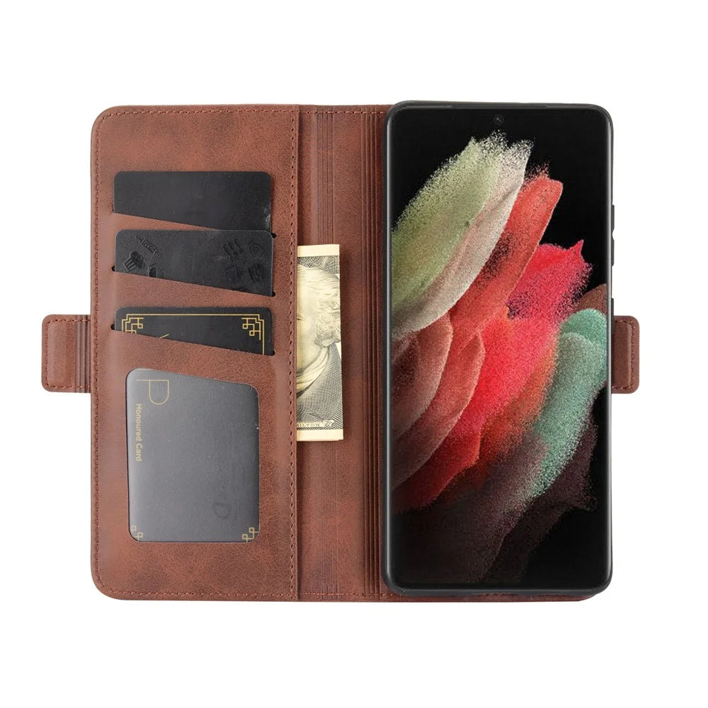 Dual Magnetic Clasp Leather Folio Flip Phone Cover Leather Case for Samsung Galaxy S21 Ultra 5G - Brown - 4
