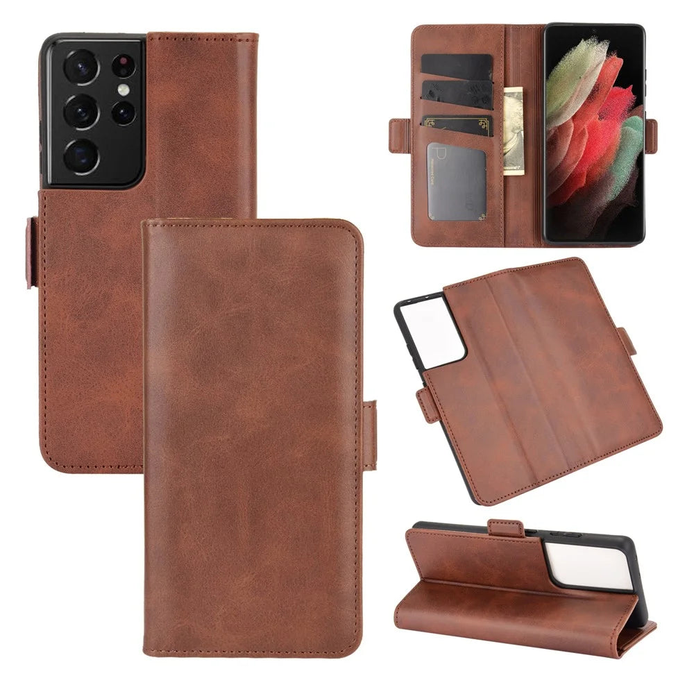 Dual Magnetic Clasp Leather Folio Flip Phone Cover Leather Case for Samsung Galaxy S21 Ultra 5G - Brown - 5