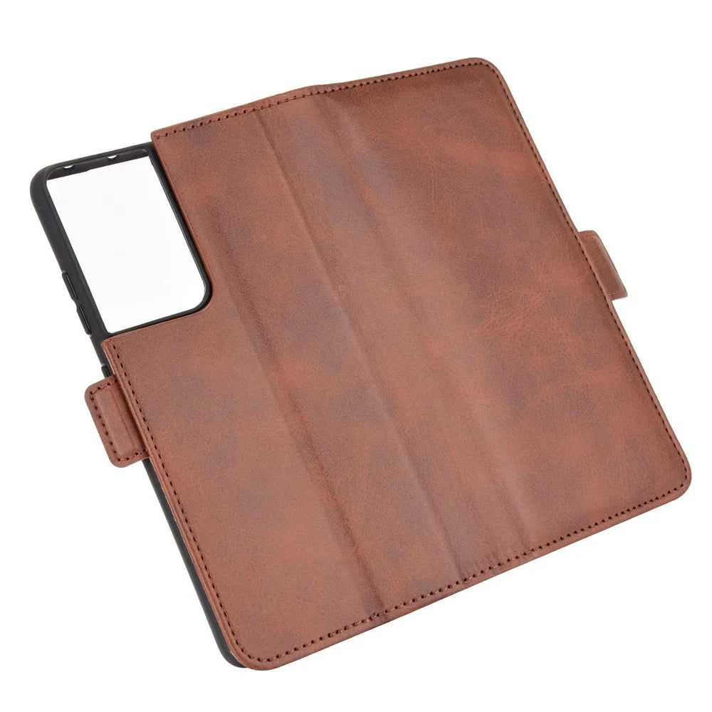 Dual Magnetic Clasp Leather Folio Flip Phone Cover Leather Case for Samsung Galaxy S21 Ultra 5G - Brown - 6