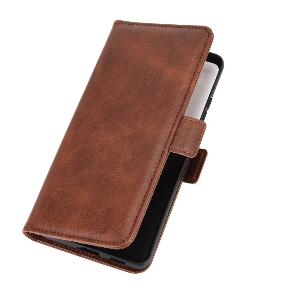 Dual Magnetic Clasp Leather Folio Flip Phone Cover Leather Case for Samsung Galaxy S21 Ultra 5G - Brown - 7