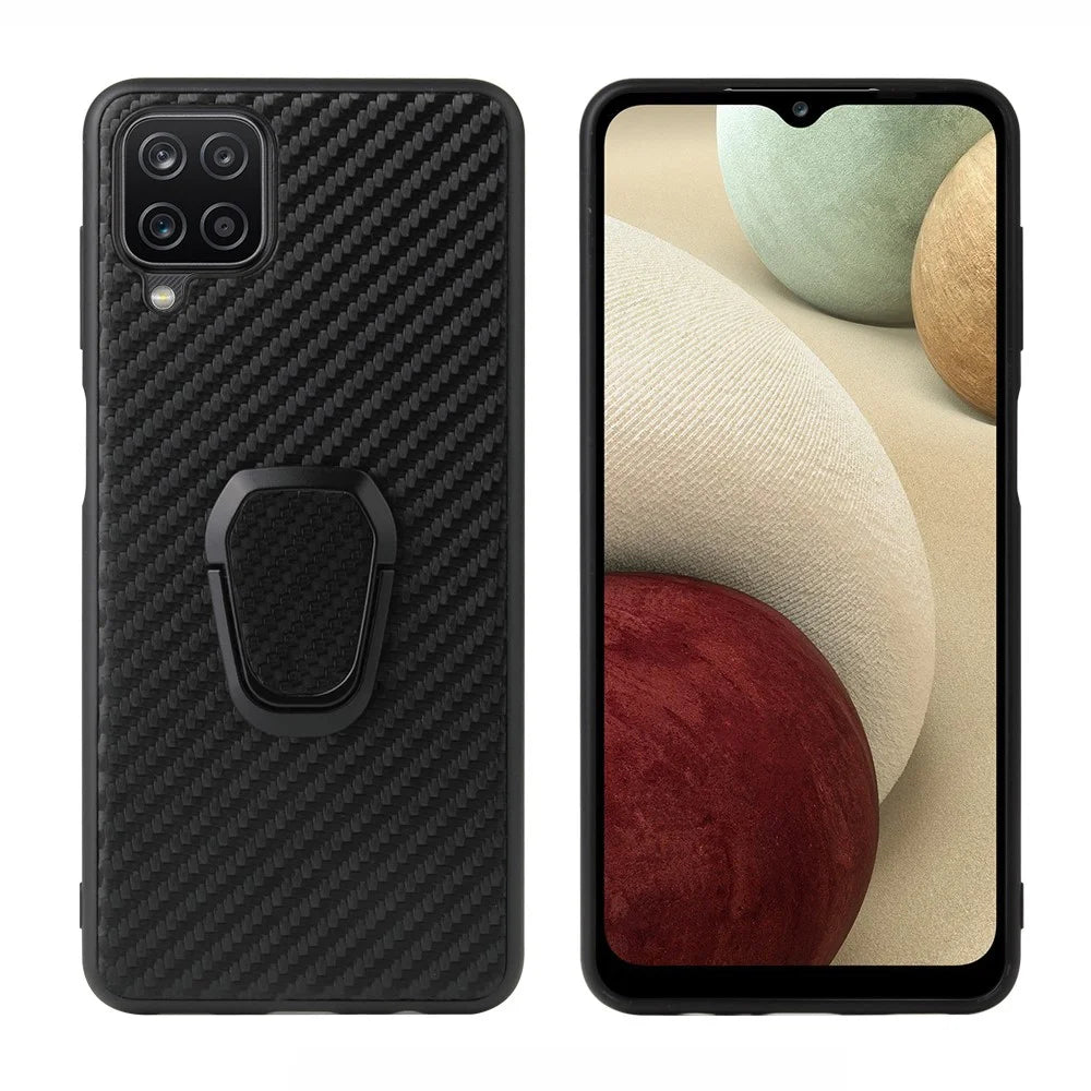 PU Leather Coated TPU Design Ring-Shape Kickstand Design Phone Cover Shell for Samsung Galaxy A12 - Carbon Fiber Texture - 1