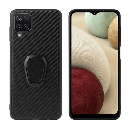 PU Leather Coated TPU Design Ring-Shape Kickstand Design Phone Cover Shell for Samsung Galaxy A12 - Carbon Fiber Texture - 1