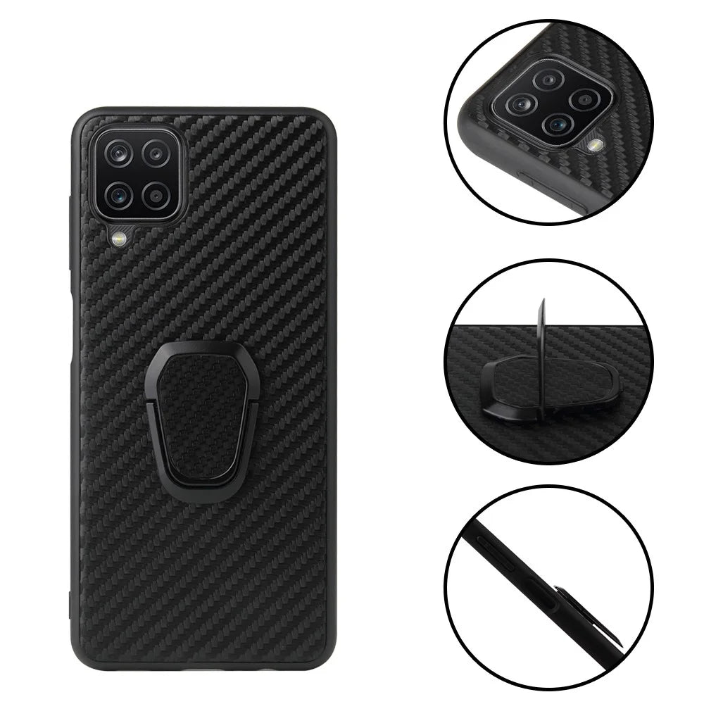 PU Leather Coated TPU Design Ring-Shape Kickstand Design Phone Cover Shell for Samsung Galaxy A12 - Carbon Fiber Texture - 2